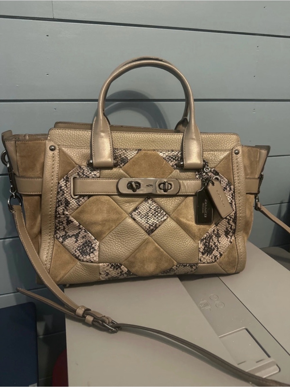 Vintage Coach Beige & Snake-Print Patchwork Leather Satchel